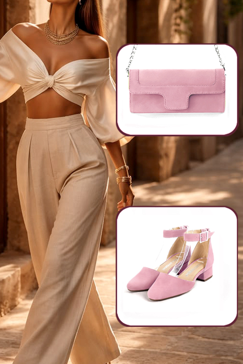 Dress heels closed-back ankle strap in carnation pink leather with low block heels and round toe - Worn view